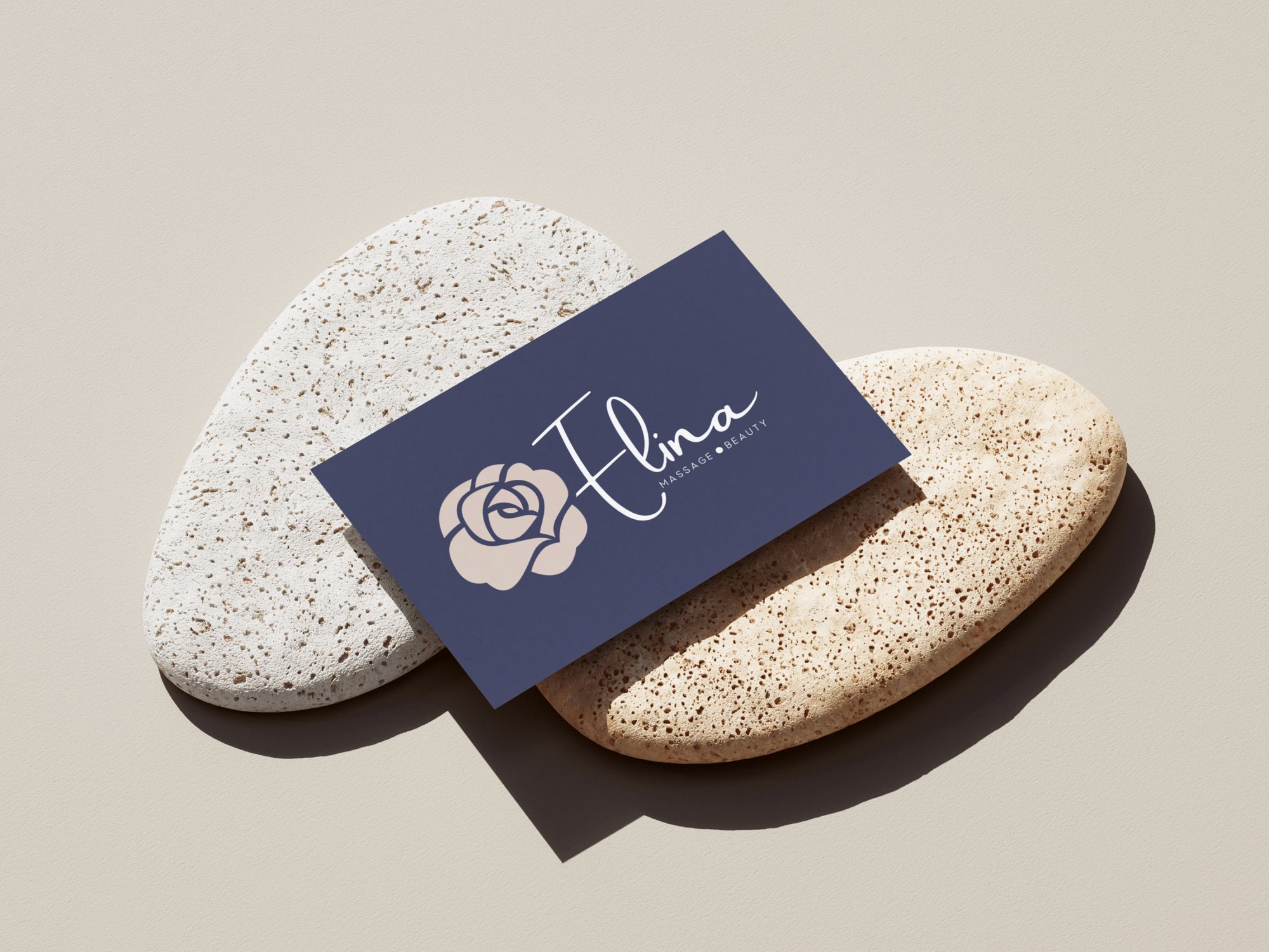 Elina Massage and Beauty business card with the rose logo Serram designed