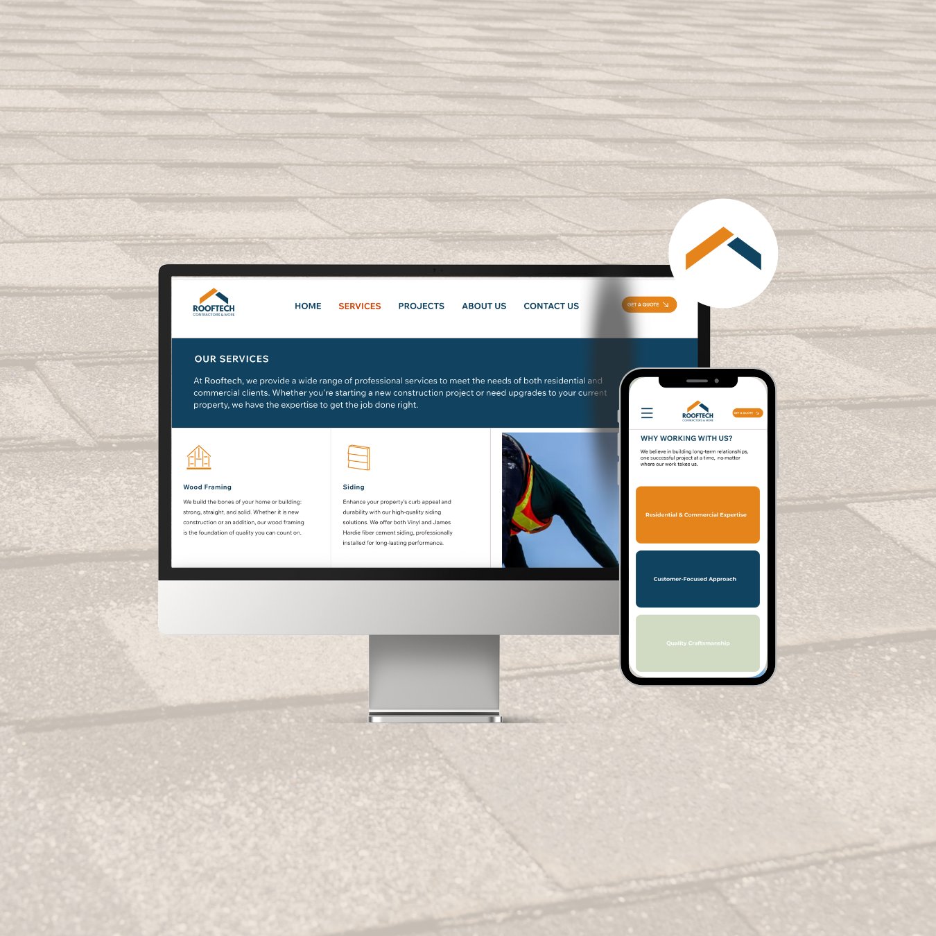 Roof Tech Contractors website on a desktop monitor and a phone, on a shingle background