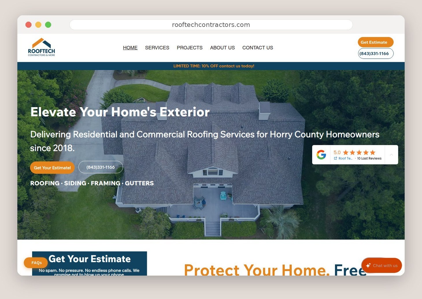 The Roof Tech Contractors home page on a laptop, built from scratch by Serram Creative