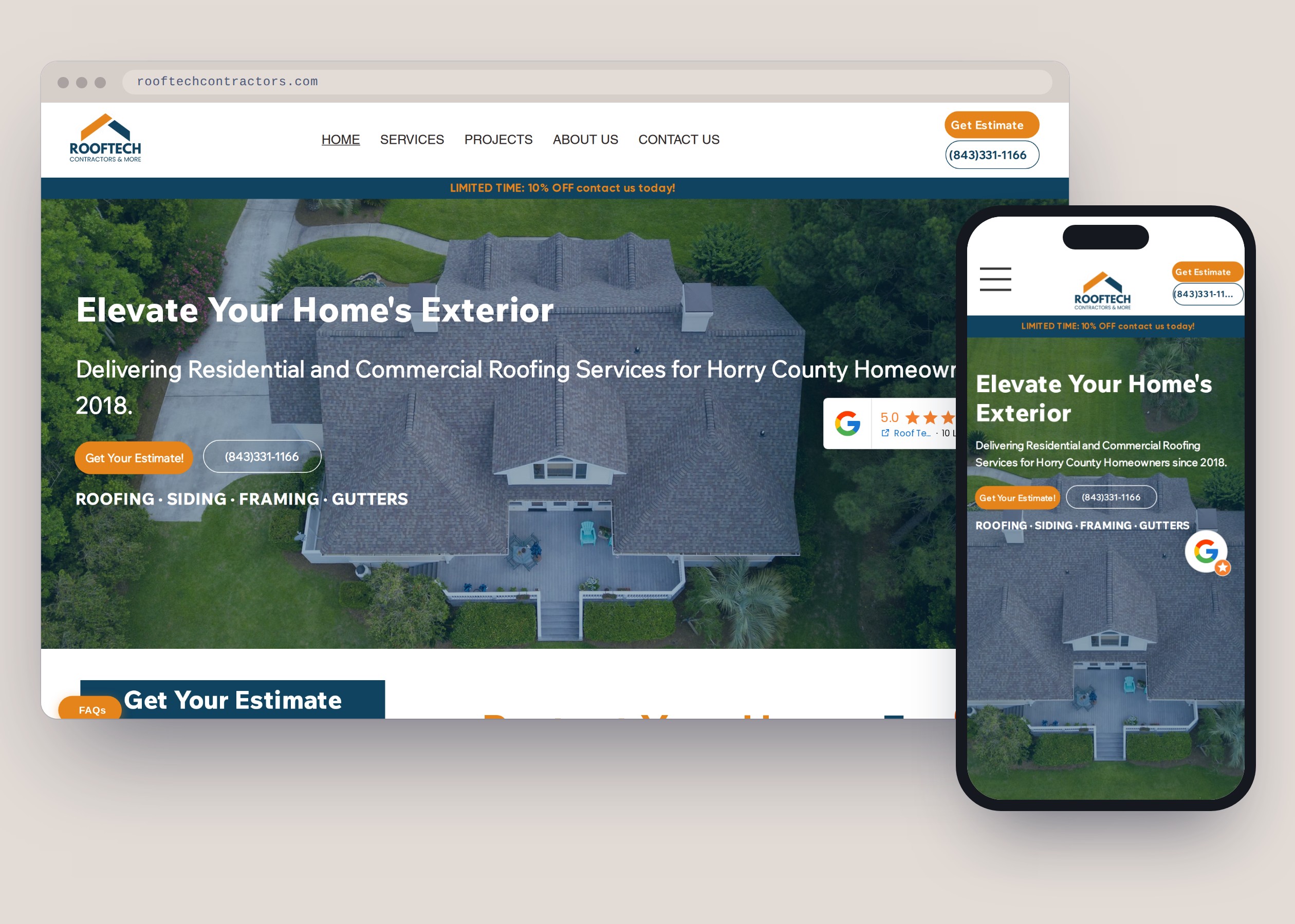 The Roof Tech Contractors website Serram built, on a desktop browser and a phone