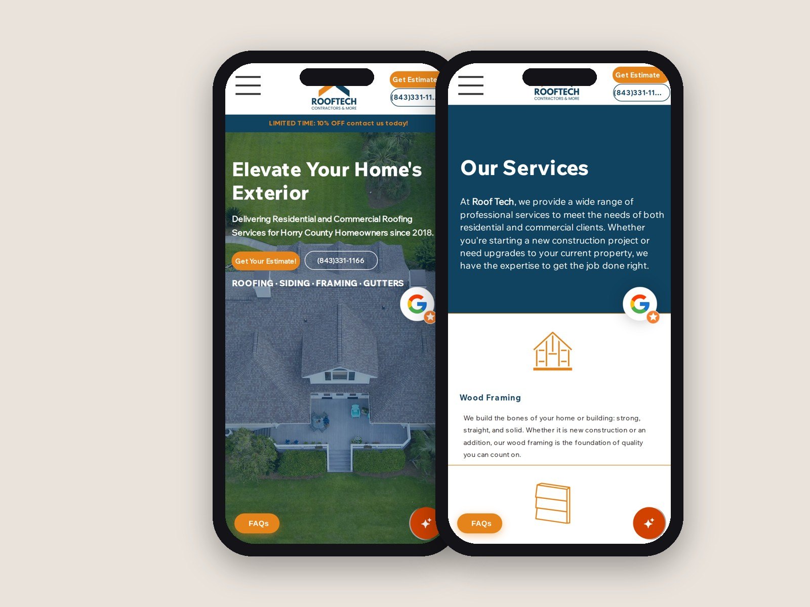 Sitio web de Roof Tech Contractors en dos celulares: la página principal y la de servicios