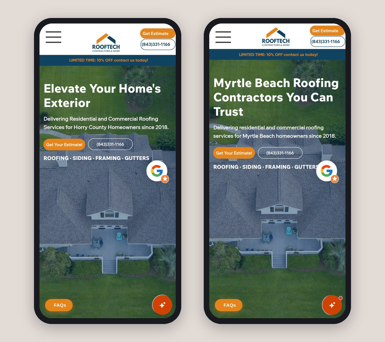 The Roof Tech Contractors website on two phones: the home page and the Myrtle Beach page